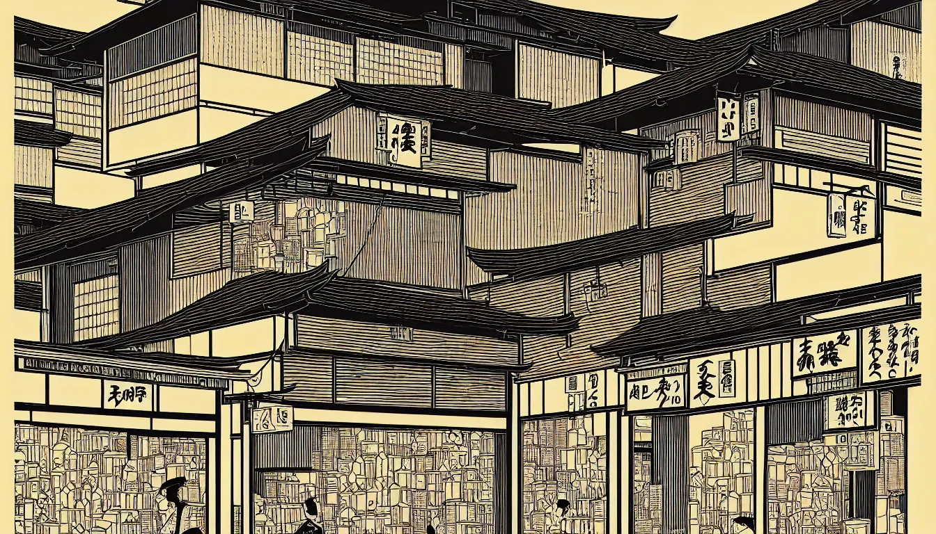 Prompt: old japanese shops by dan mumford and peter doig and edward hopper, symmetrical, minimal, black ink, thick lines highly detailed, muted colours 8 k