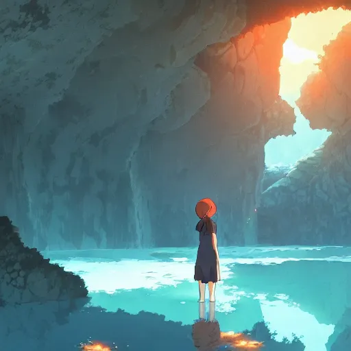 Image similar to an explorer exploring a large cave, water, by Dice Tsutsumi, Makoto Shinkai, Studio Ghibli