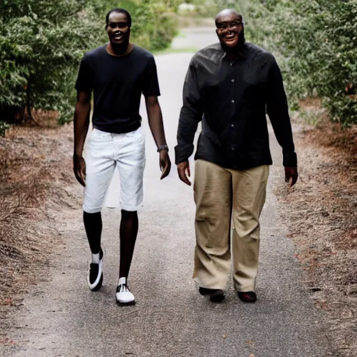 Image similar to a tall black man and a short white man walk together