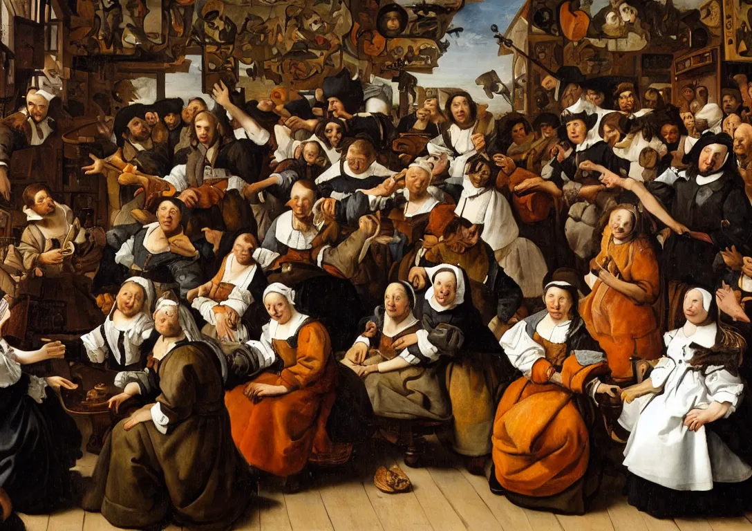 Prompt: Jan Steen. Magnificent woman in the center staring at us.