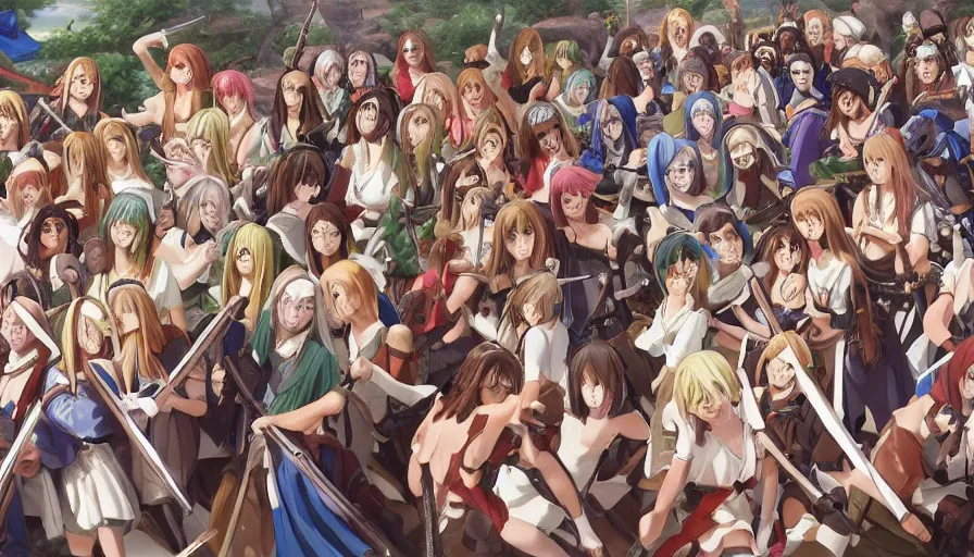 Prompt: jesus christ our lord standing in the front leading an army of cute anime girls into battle, photorealistic, anime, realistic faces, mini skirt, long hair, lightly dressed, renaissance painting, hyper real, detailed, closeup shot, ultra detailed