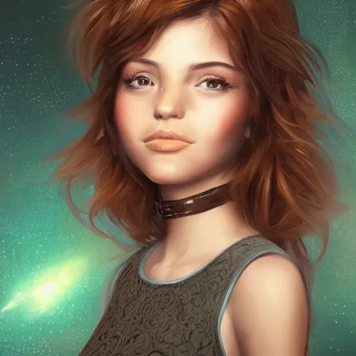 Prompt: a portrait photo of a young woman with medium - short brown hair, an intricate dress, and green eyes, floating in space, trending on artstation