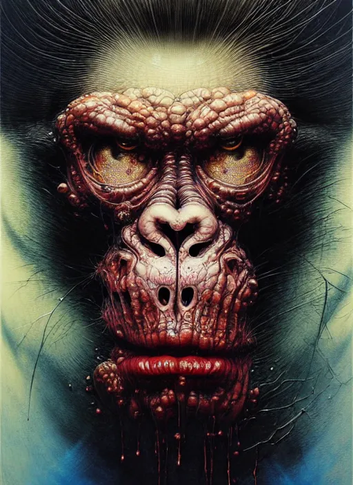 Prompt: detailed image of ape in formal suite by Ayami Kojima, Amano, Karol Bak, Greg Hildebrandt, and Mark Brooks, rich deep colors. Beksinski painting, part by Adrian Ghenie and Gerhard Richter. art by Takato Yamamoto. masterpiece . intricate artwork by Tooth Wu and wlop and beeple, greg rutkowski, very coherent symmetrical artwork, cinematic, hyper realism, high detail, octane render, unreal engine, 8k, Vibrant colors, Smooth gradients, High contrast, depth of field. by Katsuhiro Otomo, full body character drawing, inspired by Evangeleon, clean ink detailed line drawing, intricate detail, extremely detailed. painting by Arthur Rackham, Eugene de Blaas, Frederic Leighton