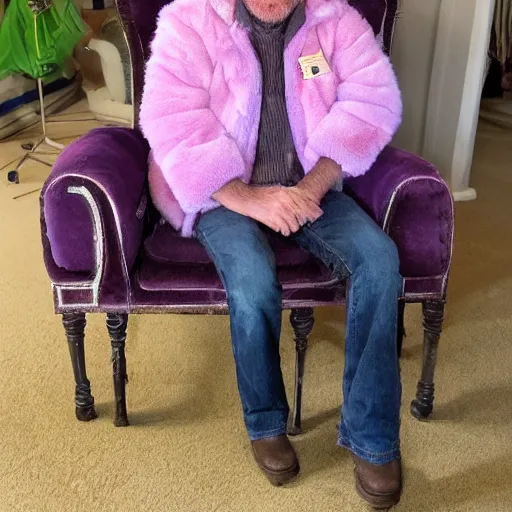 Prompt: a a farmer in a purple faux fur coat in very soft persian pink plush john deere with pluche