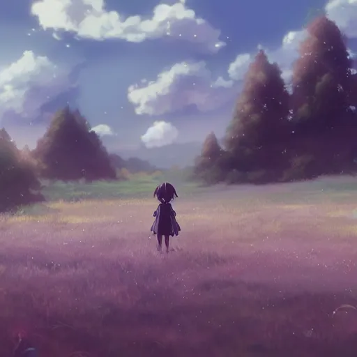 Prompt: a cute fantasy creature in a field with clouds in the sky by Makoto Shinkai