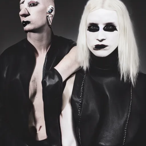 Prompt: a man and a woman performing darkwave music, clothes by rick owens, faces covered, short blond hair, high resolution fashion photography