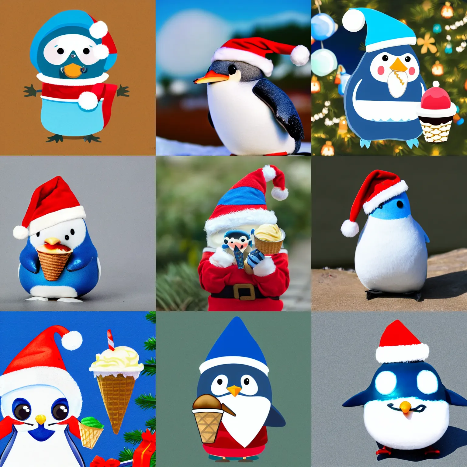 Prompt: cute cartoon blue penguin with a katakana ド on its white belly, wearing a Santa hat, eating ice cream