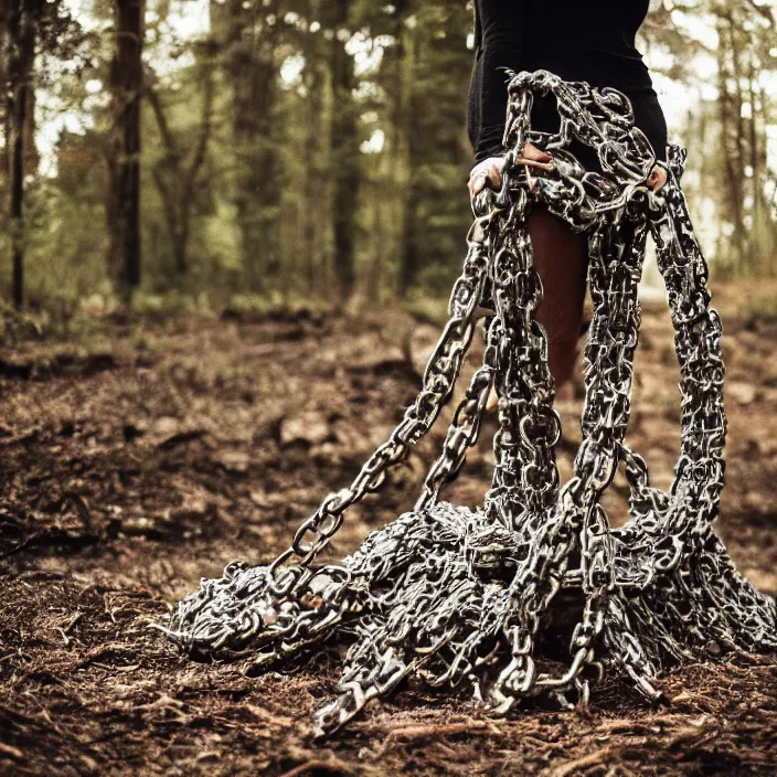 Prompt: a closeup of a woman wrapped in chains, dragging a pile of chains, in a forest, by Erik Almas, CANON Eos C300, ƒ1.8, 35mm, 8K, medium-format print