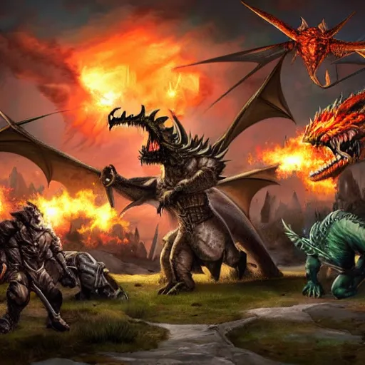 Prompt: large scale battle between dragons and orcs