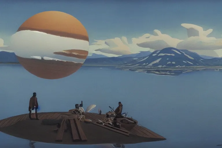 Image similar to a giant floating sphere covered in canadian aboriginal patterns hovering above a Yukon lake, painted by Ralph McQuarrie, matte painting