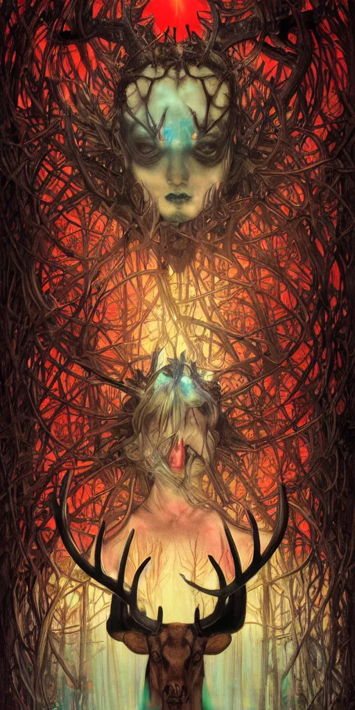 Prompt: intense glowing black metal pagan god with antlers and blood and intense glowing eyes with a bull skull in very dark forest by marco mazzoni and alphonse mucha, portrait, fantasy, clear, red and teal and yellow, light beams, lens flare, intense, uhd, amazing depth, cinematic lighting