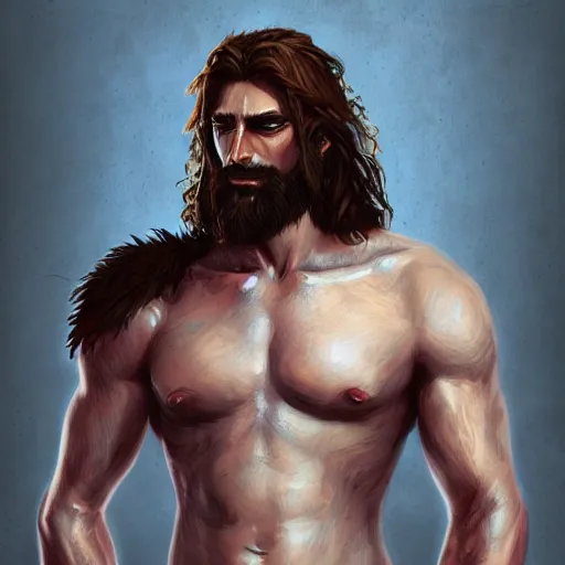 Image similar to portrait of a rugged warrior, muscular, upper body, hairy torso, D&D, fantasy, intricate, elegant, highly detailed, digital painting, artstation, concept art, matte, sharp focus, illustration