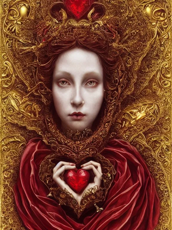 Image similar to a beautiful render of a baroque catholic veiled red queen with symmetry intricate detailed heart sculpture,by LEdmund Leighton, peter gric,aaron horkey,Billelis,trending on pinterest,hyperreal,jewelry,gold,intricate,maximalist,glittering,golden ratio,cinematic lighting