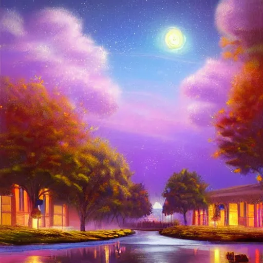 Prompt: A hyperrealistic concept art of a city where everything is made up of bright glowing light, peaceful, relaxed, chill, joyful, painting by bob ross