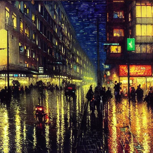 Prompt: street city, starry night, puddles, rain, storm, neotokyo, bladerunner, foggy, hyperrealism, bright colors, no blur, 4k resolution, ultra detailed, style of John Berkey, Norman Rockwell, Hans Thoma, Ivan Shishkin, Tyler Edlin, Thomas Kinkad, Ismail Inceoglu, Finnian MacManus, Anton Fadeev, deep dream