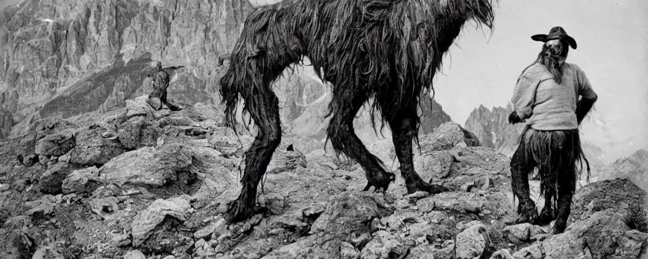 Image similar to historical photograph of an old alpine farmer from behind turning into a grotesque monster with goathorns and roots growing from his face, standing in the dolomites, full body, whole body, edelweiss growing from head