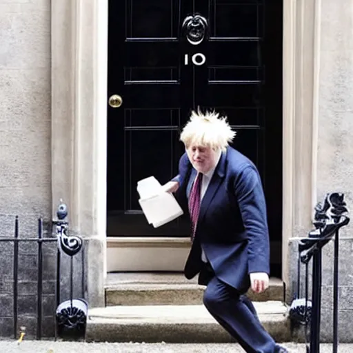 Prompt: boris johnson with a wig sneaking out of 1 0 downing street, hyperrealistic,