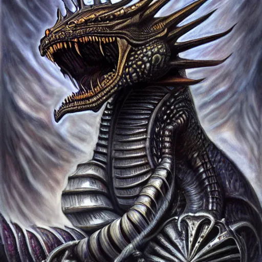 Image similar to Giger portrait of queen dragon, Dragon in dragon lair, HD, full body dragon concept, flying dragon, soft shading, hyperdetailed, wide angle lens, fantasy, futuristic horror, style of giger