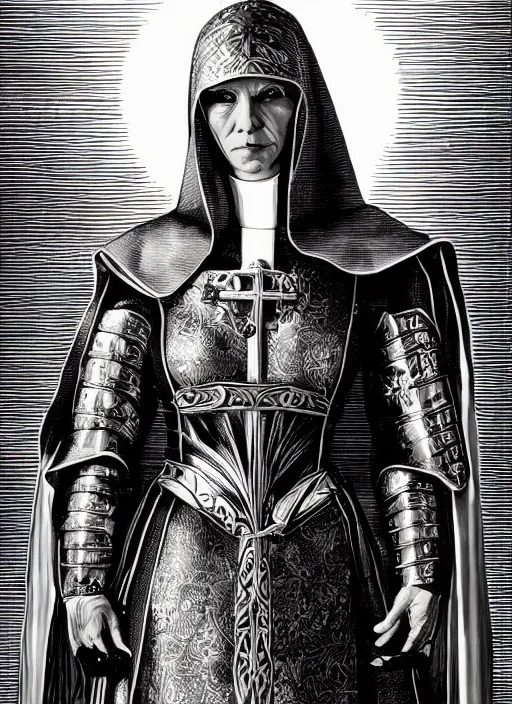 Image similar to a nun wearing a medieval armor. intricate detail armor. nun clothes. art by martin ansin, martin ansin artwork. portrait.