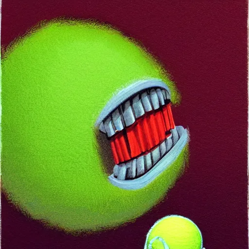 Image similar to a tennis ball monster ,tennis ball, chalk, digital art, fantasy, magic, trending on artstation, ultra detailed, professional illustration by Basil Gogos