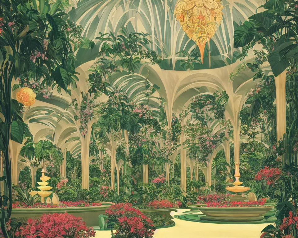 Prompt: an achingly beautiful print of the interior of an Art deco botanic garden, featuring flowing sculptured fountains, blooming tropical flowers, crystal chandeliers, and classical antiquities by Raphael, Hopper, and Rene Magritte. detailed, romantic, enchanting, trending on artstation.