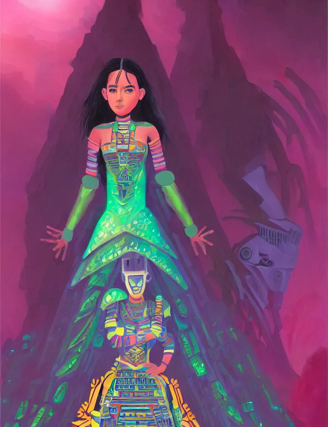 Image similar to aztec scifi princess of the cloud forest, wearing a lovely dress with cyberpunk details. this oil painting by the beloved children's book author has an interesting color scheme and impeccable lighting.