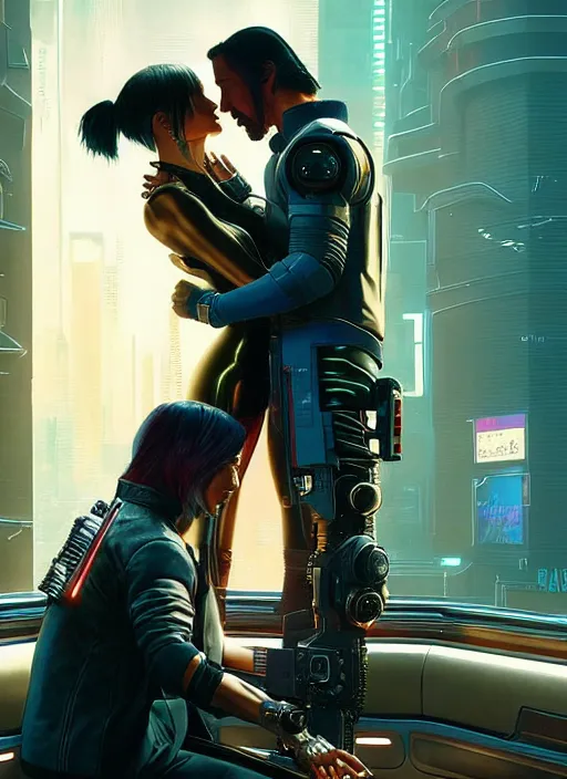 Image similar to a cyberpunk 2077 srcreenshot couple portrait of Keanu Reeves & female android in final kiss,love,film lighting,by Laurie Greasley,Lawrence Alma-Tadema,Dan Mumford,artstation,deviantart,FAN ART,full of color,Digital painting,face enhance,highly detailed,8K,octane,golden ratio,cinematic lighting