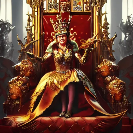 Prompt: Queen Elisabeth as a character in Warhammer sitting on a huge throne in a fantastic hall, Epic character design. Wallpaper, Artstation, Hyperrealistic, Hyperdetailed, Ultra Lighting, Raytracing
