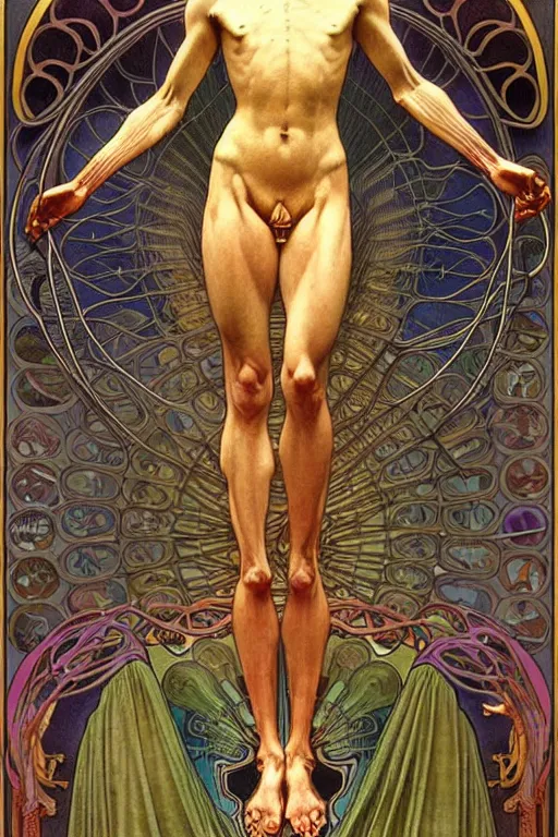 Image similar to extremely psychedelic anatomically accurate model of the full human muscular system infected by night, full body, intricate parts, fine details, hyper - realistic, elegant minimalism. by seichen, alphonse mucha, surreal