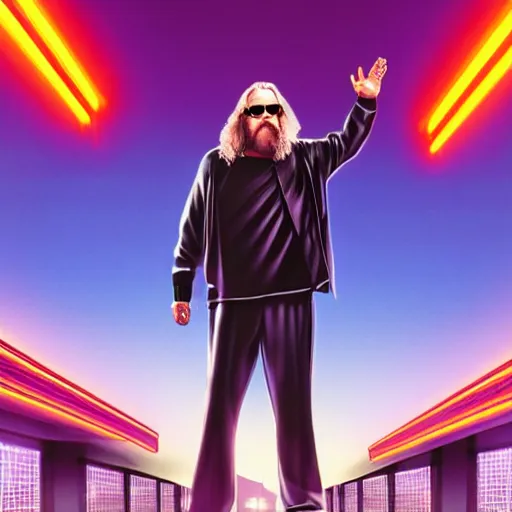 Image similar to dude lebowski played by jeff bridges in tron movie realm, photorealistic movie still, detailed 8 k, poster style, high resolution