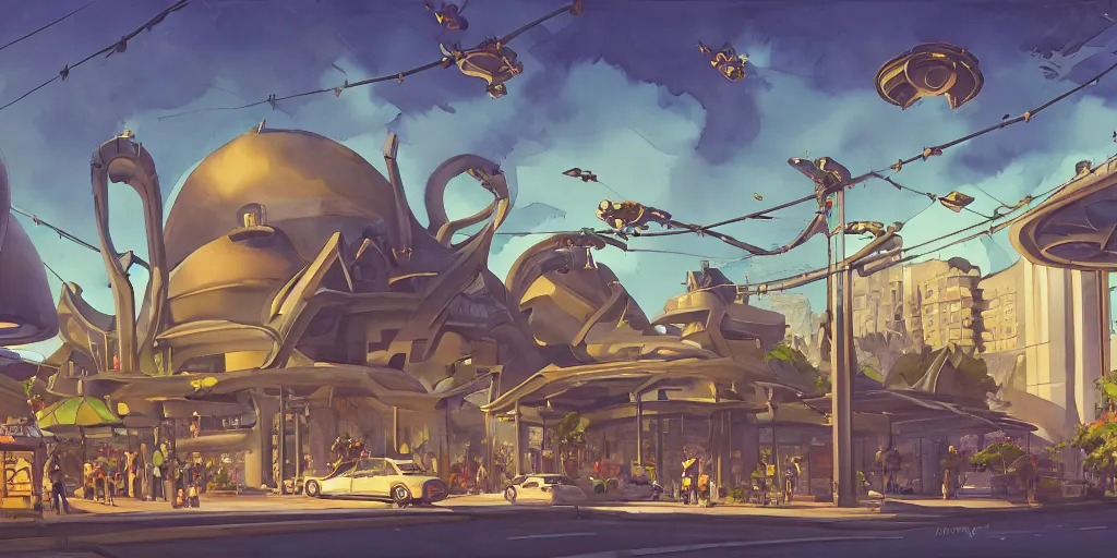 Image similar to overwatch building, stylized, exterior, architecture, in watercolor gouache detailed paintings, insanely detail, artstation, 8 k, futuristic, big medium small, arcane, simon stalenhag, food stall, interesting shapes & form, golden ratio, megastructures, vitaly bulgarov, mall, jungle, environment, nature, zaha hadid, night, afterdark