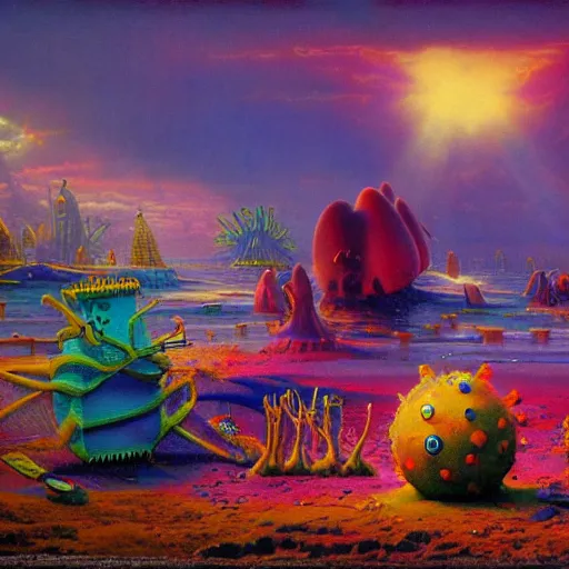 Image similar to surrealism spongebob, epic, cinematic shot, 8k, by Bruce Pennington, sharp focus, highly detailed, saturated