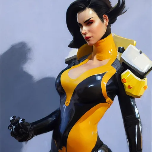 Image similar to greg manchess portrait painting of female wearing a latex suit as overwatch character, medium shot, asymmetrical, profile picture, organic painting, sunny day, matte painting, bold shapes, hard edges, street art, trending on artstation, by huang guangjian and gil elvgren and sachin teng