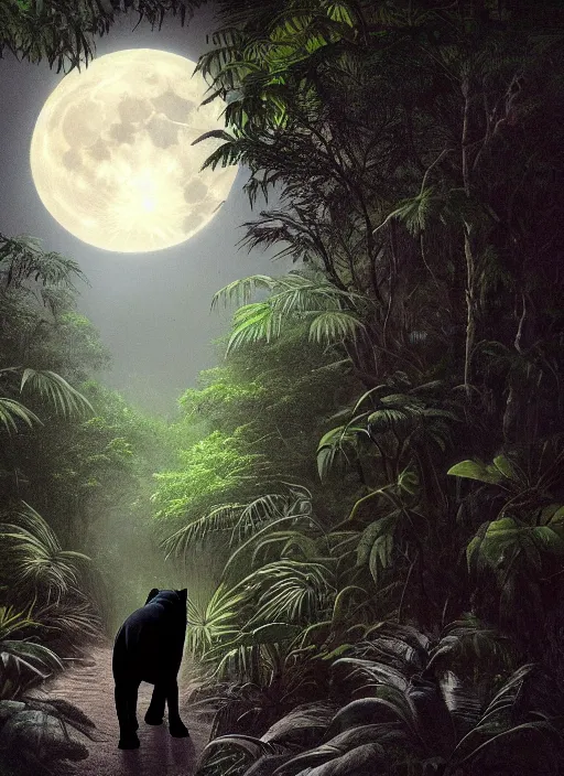 Prompt: a beautiful matte painting of a black jaguar walking in the jungle at night, waling towards the camera, with full moon in the sky, ayahuasca, in the style of Pablo Amaringo