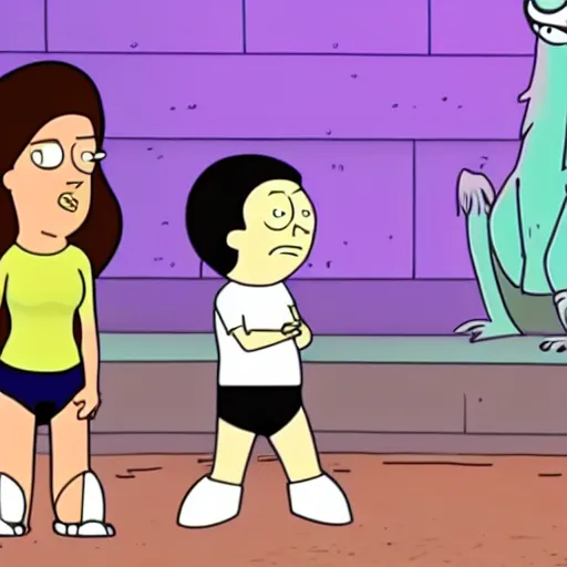 Image similar to kim kardashian in rick and morty doing squats