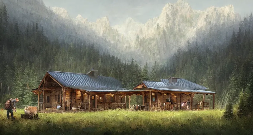 Image similar to cabela's beautiful comfortable modular pop - up insulated all terrain family dwelling, cabin,, person in foreground, mountainous forested wilderness open fields, beautiful views, painterly concept art, joanna gaines, environmental concept art, farmhouse, magnolia, concept art illustration, by james gurney, by craig mullins, by greg rutkowski trending on artstation