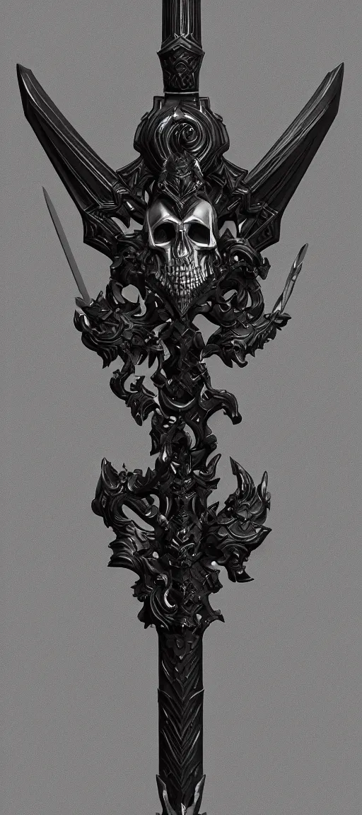 Image similar to a black and silver sword skull crest, orthographic, ornament, weapon, a 2 d render by dom qwek, front side, concept art, trending on polycount, artstation, hard surface modeling, rendered in maya, zbrush, hd, vray, blizzard, symmetry