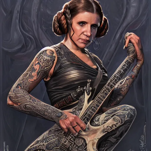 Image similar to princess Leia as a slayer guitar player, heavy tattoos, artstation, intricate, elegant, highly detailed, centered, digital painting, concept art, smooth, sharp focus, illustration, art by artgerm and donato giancola and Joseph Christian Leyendecker, Ross Tran, WLOP