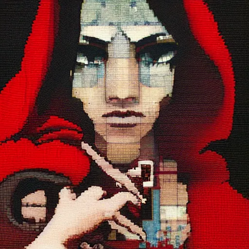 Image similar to portrait of a daydreaming latina woman in a red riding hood monk custome being progressively rasterized into pixels, surrounded by digital birds and a loving robot, by yoji shinkawa, esao andrews and dave mckean