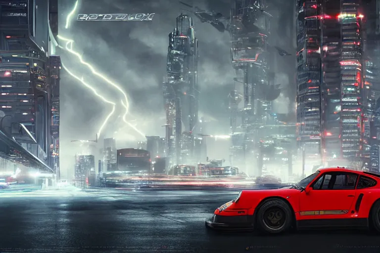 Prompt: porsche 9 5 9 rwb cyberpunk fighter jet flying over a city, back to the future flux capacitor, a hyper - futuristic detailed matte painting by zack snyder, trending on cg society, auto - destructive art, vray tracing, unreal engine 5, reimagined by industrial light and magic