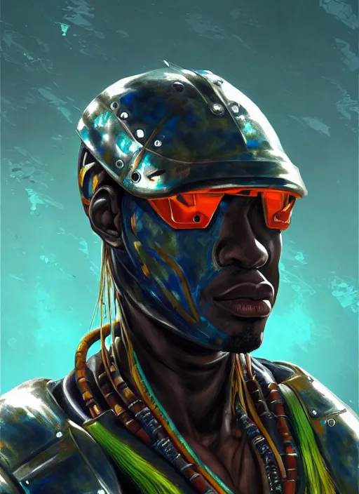 Image similar to portrait of a jamaican fisherman sci - fi armor muscular cyberpunk intricate elegant highly detailed digital painting artstation concept art