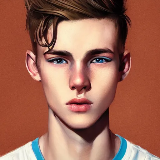 Prompt: colorful Captivating teenage boy with brown blond short quiff hair and thin slightly round facial structure with cleft chin, near eyes, beard, bumpy nose, good definition of cheekbones, Alert brown eyes, narrow face, slim body, atmospheric lighting, painted, intricate, 4k, highly detailed by Charlie Bowater