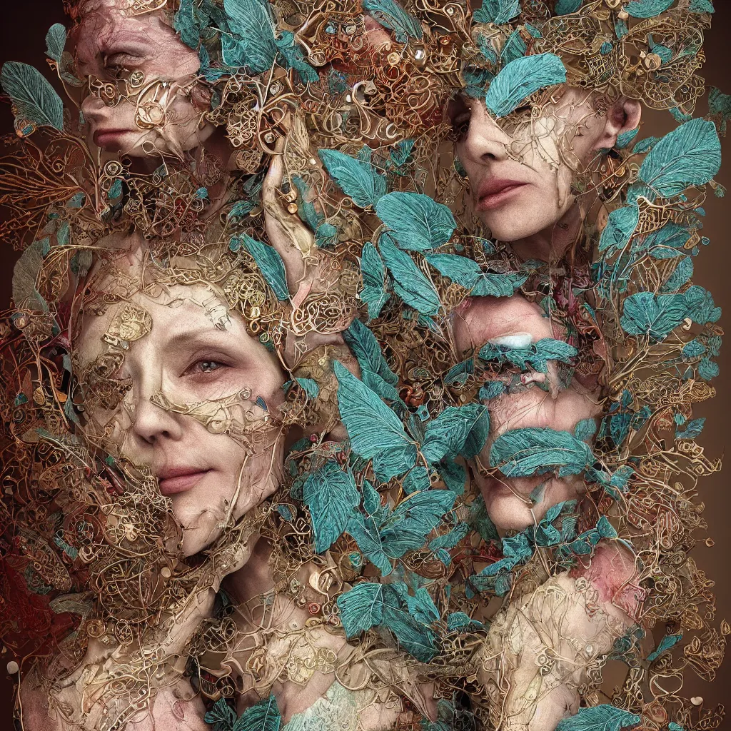 Prompt: cinema 4d colorful render, organic, ultra detailed, of beautiful porcelain old woman face, textured skin. biomechanical cyborg, analog, 35mm lens, beautiful natural soft rim light, big leaves, winged insects and stems, roots, fine foliage lace, turquoise gold details, Alexander Mcqueen high fashion haute couture, art nouveau fashion embroidered, intricate details, mesh wire, mandelbrot fractal, anatomical, facial muscles, cable wires, elegant, hyper realistic, in front of dark flower pattern wallpaper, ultra detailed, 8k post-production