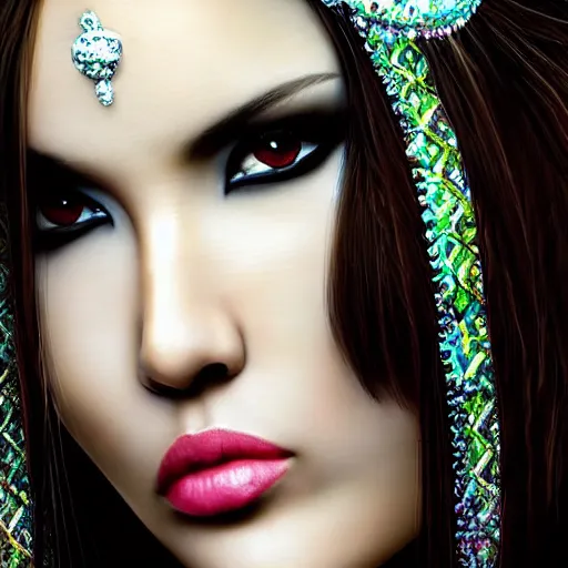 Image similar to Maria Ozawa as the Goddess of Exacto blades looking at you intensely with seductively serious eyes while wearing a head covering. ultra detailed painting at 16K resolution and epic visuals. epically surreally beautiful image. amazing effect, image looks crazily crisp as far as it's visual fidelity goes, absolutely outstanding. vivid clarity. ultra. iridescent. mind-breaking. mega-beautiful pencil shadowing. beautiful face. Ultra High Definition. frosted.