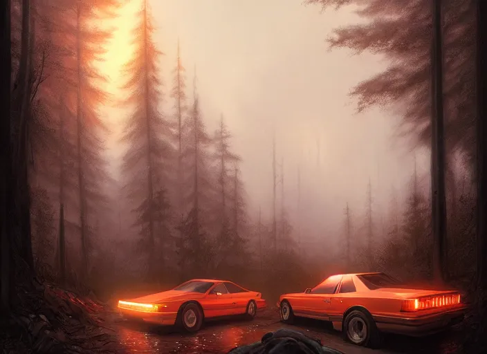 Image similar to detailed intricate digital illustration by greg rutkowski and artgerm and wlop and sanford robinson gifford ; 1 9 8 8 vehicle, glowing headlights, foggy forest in background ; 1 3 mm film, wide angle arri alfa anamorphic lens ; sharp focus, soft evening lighting, trending on artstation 4 k