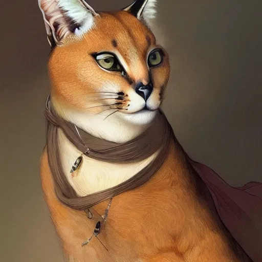 Prompt: portrait of caracal cat dressed in aristocratic clothing. elegant, highly detailed, digital painting, artstation, concept art, smooth, sharp focus, illustration, art by artgerm and greg rutkowski and alphonse mucha