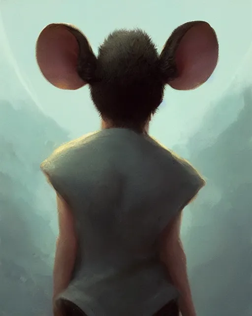 Image similar to viewed from behind, over the shoulder, a cute mouse looks upwards, viewed from behind, digital portrait by greg rutkowski, fantasy art, concept art, by disney concept artists, cinematic lighting, evening light, trending on artstation, cgsociety