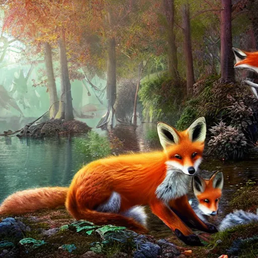 Prompt: a portrait of a fox family drinking on a river in a forrest, an ultrafine hyperdetailed illustration by kim jung gi, irakli nadar, takato yamamoto, intricate linework, bright colors, porcelain skin, unreal engine 5 highly rendered, fashion photography, fractal background, global illumination, radiant light, detailed and intricate environment