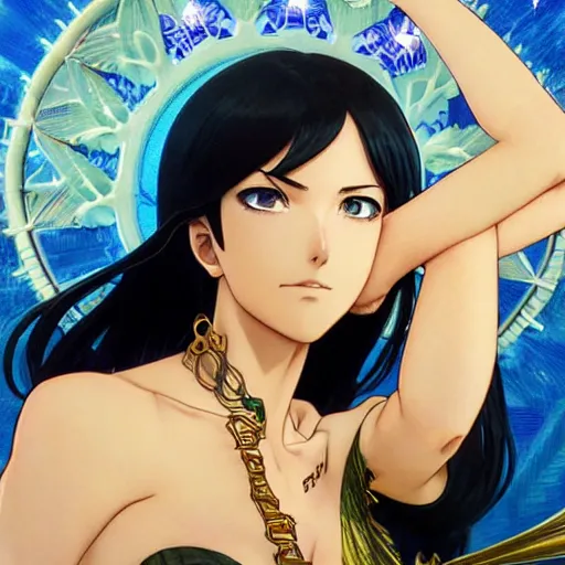 Image similar to highly detailed vfx portrait of nico robin by eiichiro oda!!!!, makoto shinkai, alphonse mucha, sharp focus, art by artgerm and greg rutkowski!, backlit, harsh overhead sunlight, blue eyes!!, large aquiline nose!!, stanley kybric, kaoru mori, detailed, best of behance,