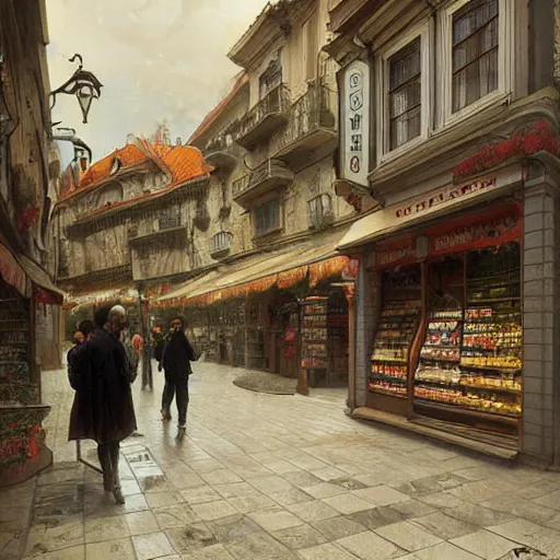 Prompt: a convenience store of portugal lisbon on the street of a very highly detailed logital matte painting art by Greg Rutkowski, highly logical and striking detailed architecture by alphonse mucha, scene gardening by alphonse mucha